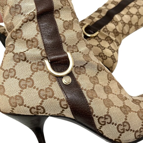 GUCCI Vintage GG Monogram Long Boots #36-37 Heels Zip Beige Brown [104064] - Picture 9 of 12